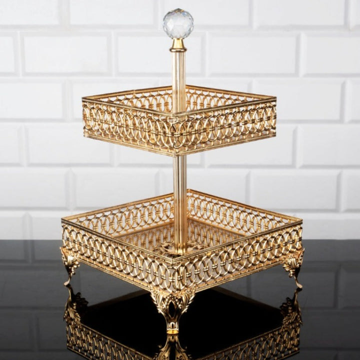 LULU SQUARE METAL 2 TIER PLATTER SMALL GOLD 18 x 18 x 30 cm (7.1" x 7.1" x 11.8") - Hakan Makes Kitchens Smile