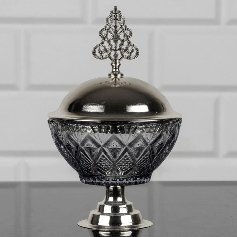 YAKUT GLASS LEG SUGAR BOWL SILVER 10 x 10 x 16 (3.9" x 3.9" x 6.3") - Hakan Makes Kitchens Smile