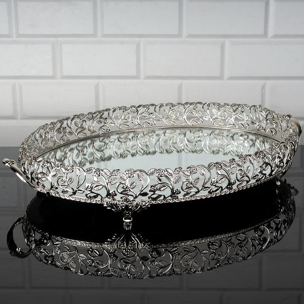 ROZA OVAL METAL TRAY LARGE SILVER 51 x 33 cm (20.1'' × 13'') - Hakan Makes Kitchens Smile