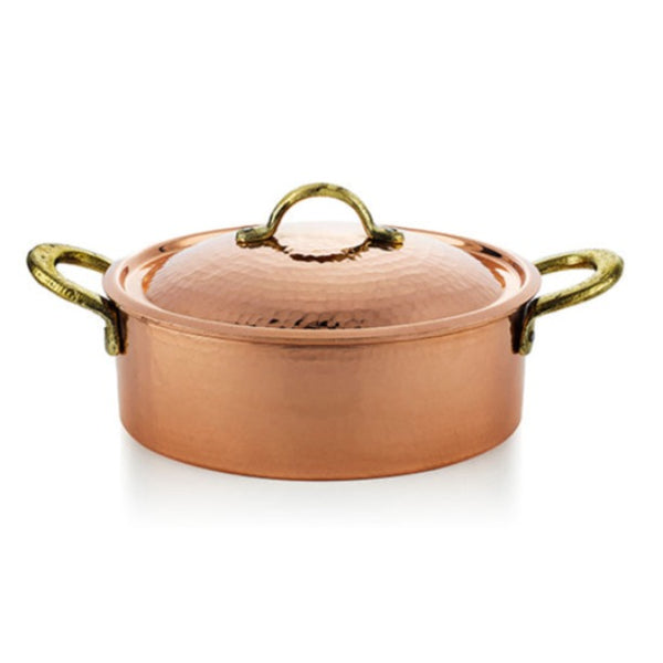 Hakan Decorative Hammered Copper Cookware with Handles, Handmade Pure Copper Low Casserole Pot with Lid, Authentic Copper Soap Pot, Dutch Oven