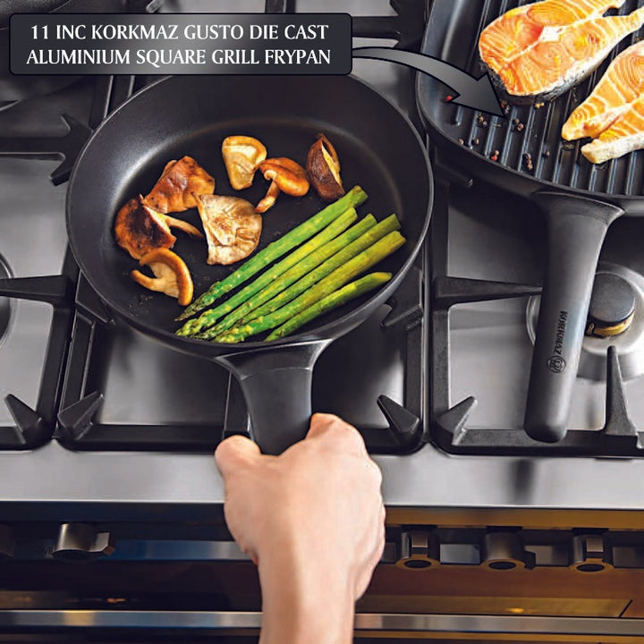 GUSTO DIE CAST ALUMINIUM SQUARE GRILL FRYPAN 28 x 28 cm (11" x 11") - Hakan Makes Kitchens Smile